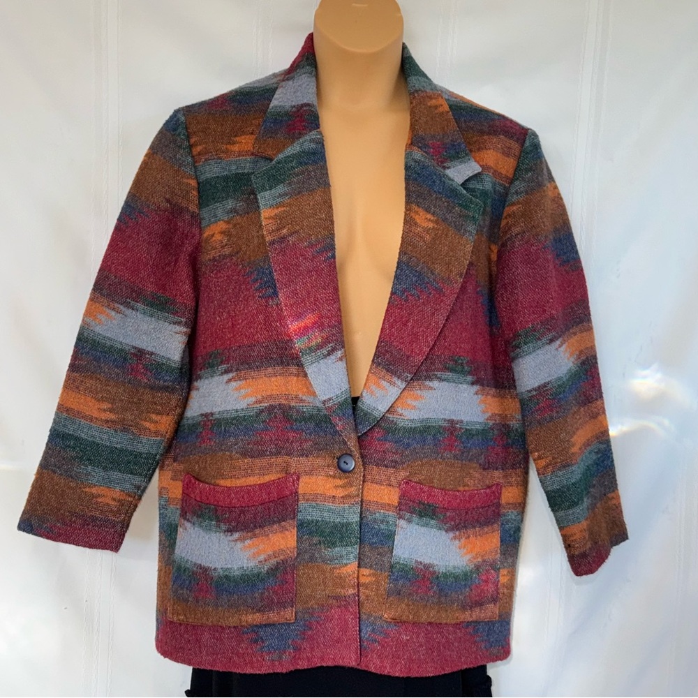 Vintage Anchor Blue Aztec Womens Size L Southwestern Print Oversized Blazer